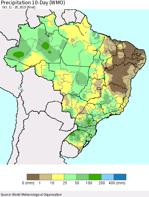 Brazil Precipitation 10-Day (WMO) Thematic Map For 10/11/2023 - 10/20/2023