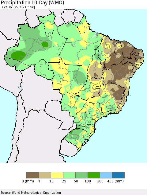 Brazil Precipitation 10-Day (WMO) Thematic Map For 10/16/2023 - 10/25/2023
