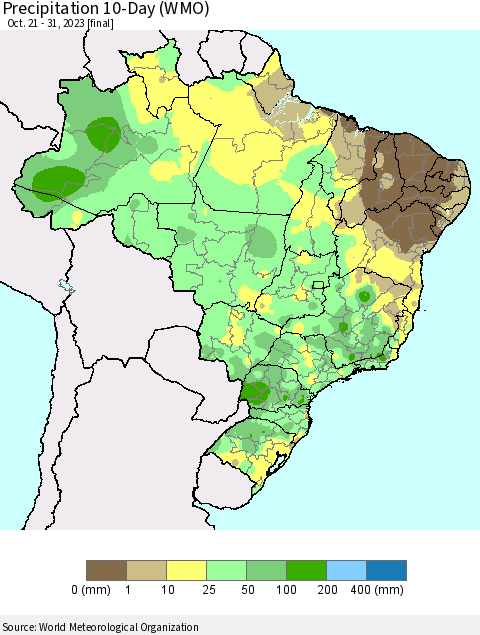 Brazil Precipitation 10-Day (WMO) Thematic Map For 10/21/2023 - 10/31/2023