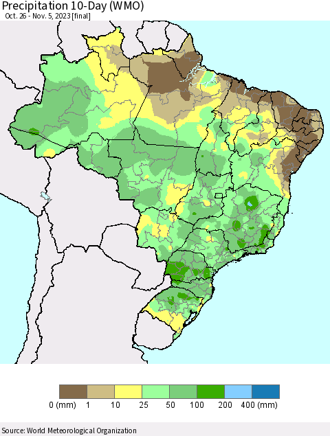 Brazil Precipitation 10-Day (WMO) Thematic Map For 10/26/2023 - 11/5/2023
