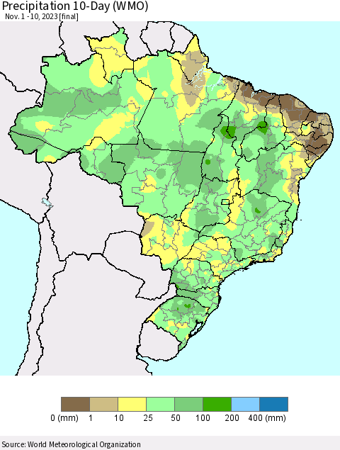 Brazil Precipitation 10-Day (WMO) Thematic Map For 11/1/2023 - 11/10/2023