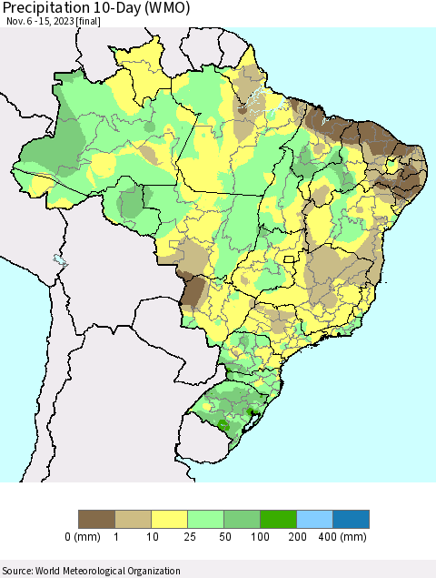 Brazil Precipitation 10-Day (WMO) Thematic Map For 11/6/2023 - 11/15/2023
