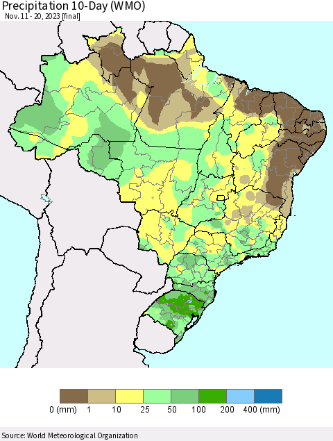 Brazil Precipitation 10-Day (WMO) Thematic Map For 11/11/2023 - 11/20/2023
