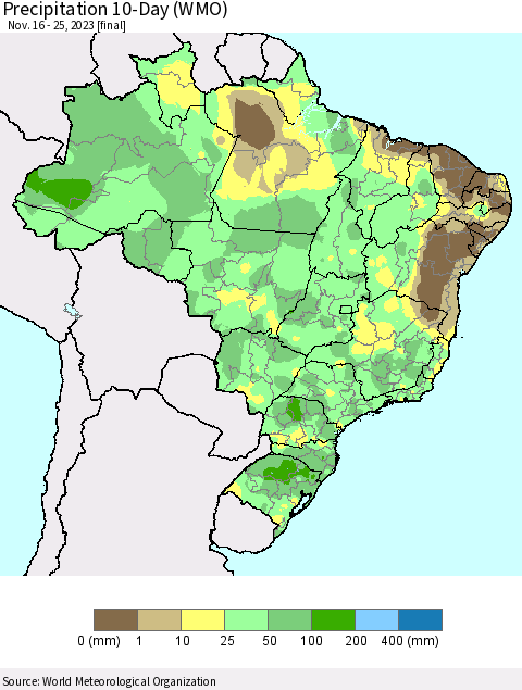 Brazil Precipitation 10-Day (WMO) Thematic Map For 11/16/2023 - 11/25/2023