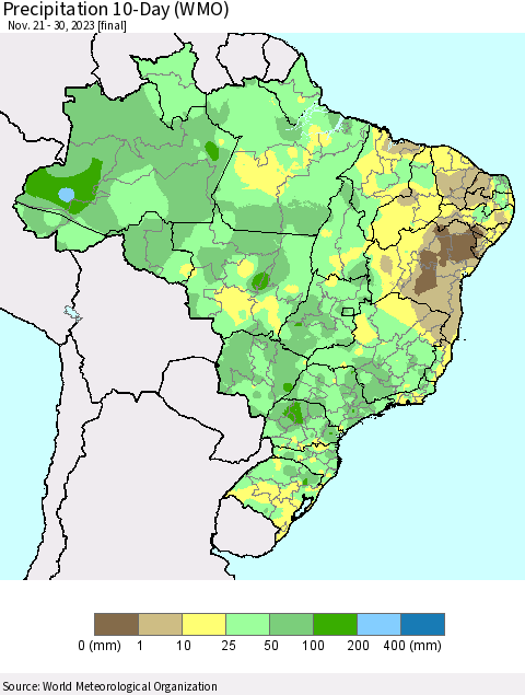 Brazil Precipitation 10-Day (WMO) Thematic Map For 11/21/2023 - 11/30/2023