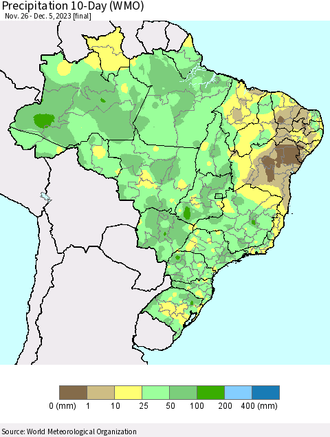 Brazil Precipitation 10-Day (WMO) Thematic Map For 11/26/2023 - 12/5/2023