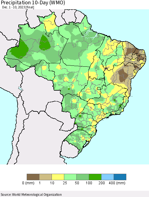 Brazil Precipitation 10-Day (WMO) Thematic Map For 12/1/2023 - 12/10/2023