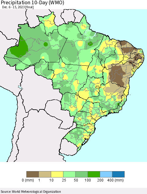 Brazil Precipitation 10-Day (WMO) Thematic Map For 12/6/2023 - 12/15/2023
