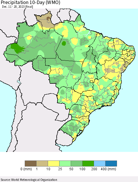 Brazil Precipitation 10-Day (WMO) Thematic Map For 12/11/2023 - 12/20/2023