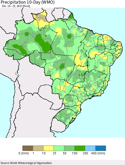 Brazil Precipitation 10-Day (WMO) Thematic Map For 12/16/2023 - 12/25/2023