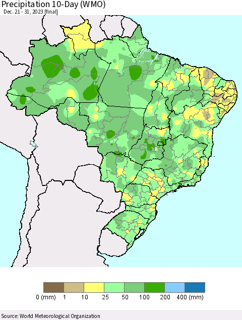 Brazil Precipitation 10-Day (WMO) Thematic Map For 12/21/2023 - 12/31/2023