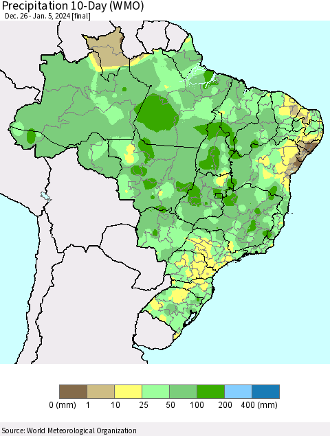 Brazil Precipitation 10-Day (WMO) Thematic Map For 12/26/2023 - 1/5/2024