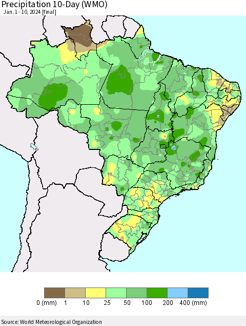 Brazil Precipitation 10-Day (WMO) Thematic Map For 1/1/2024 - 1/10/2024