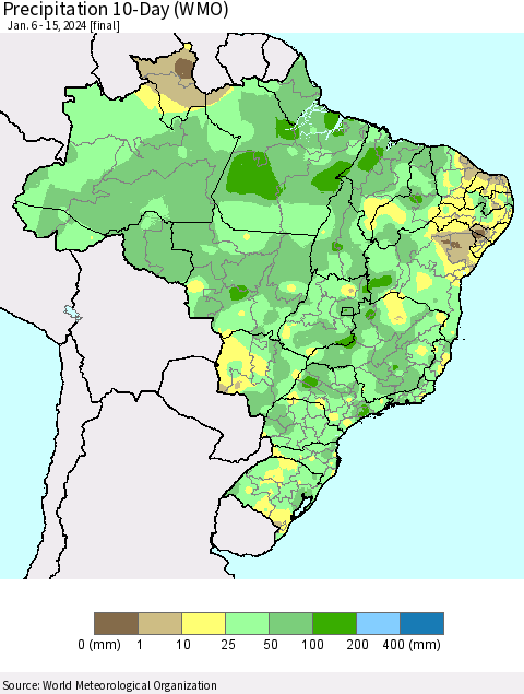 Brazil Precipitation 10-Day (WMO) Thematic Map For 1/6/2024 - 1/15/2024
