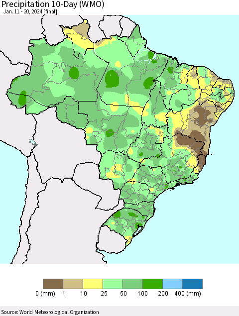 Brazil Precipitation 10-Day (WMO) Thematic Map For 1/11/2024 - 1/20/2024