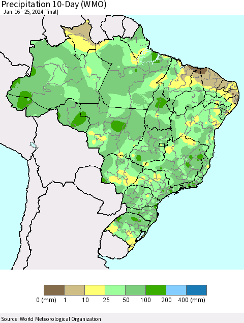 Brazil Precipitation 10-Day (WMO) Thematic Map For 1/16/2024 - 1/25/2024