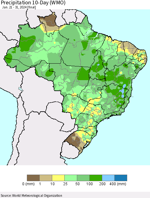 Brazil Precipitation 10-Day (WMO) Thematic Map For 1/21/2024 - 1/31/2024
