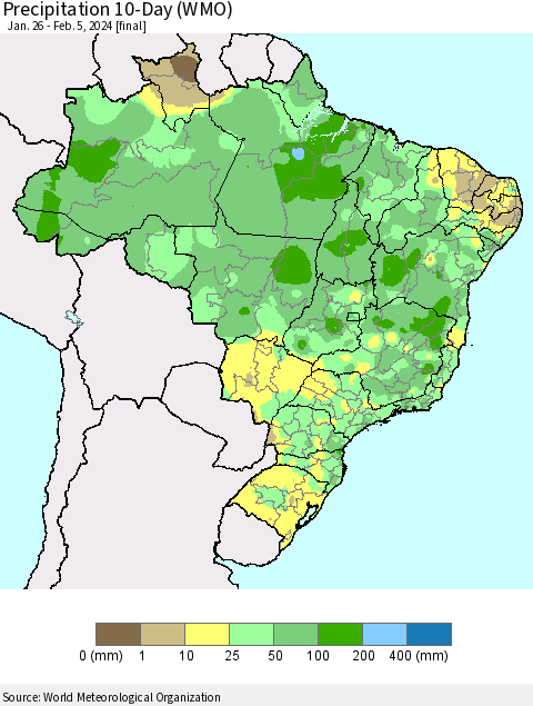 Brazil Precipitation 10-Day (WMO) Thematic Map For 1/26/2024 - 2/5/2024