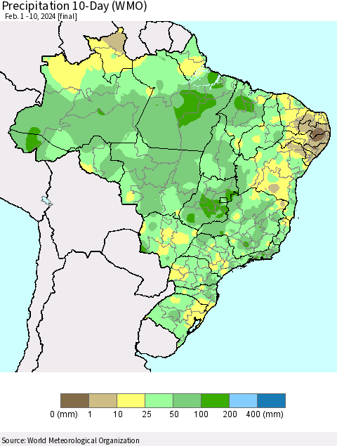 Brazil Precipitation 10-Day (WMO) Thematic Map For 2/1/2024 - 2/10/2024