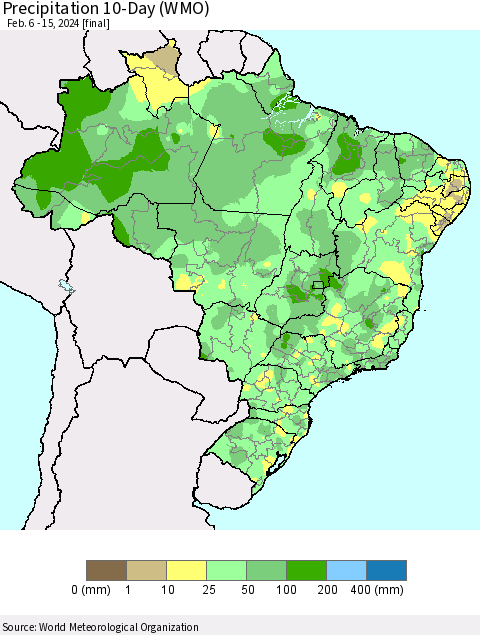 Brazil Precipitation 10-Day (WMO) Thematic Map For 2/6/2024 - 2/15/2024