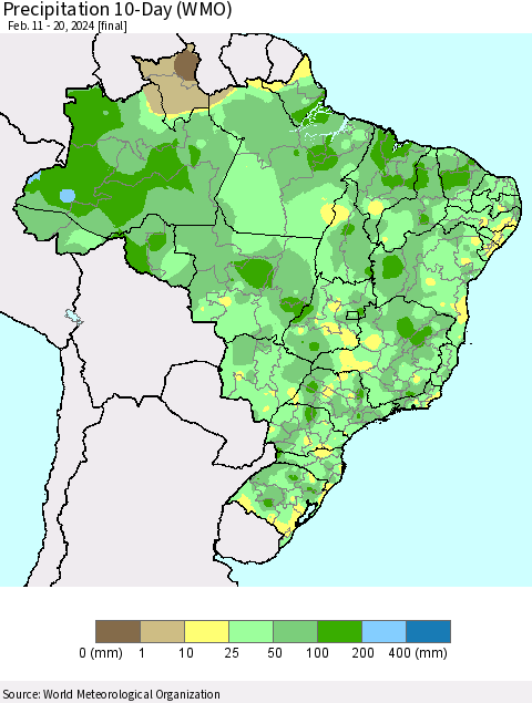 Brazil Precipitation 10-Day (WMO) Thematic Map For 2/11/2024 - 2/20/2024