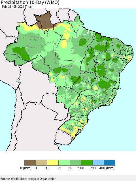 Brazil Precipitation 10-Day (WMO) Thematic Map For 2/16/2024 - 2/25/2024