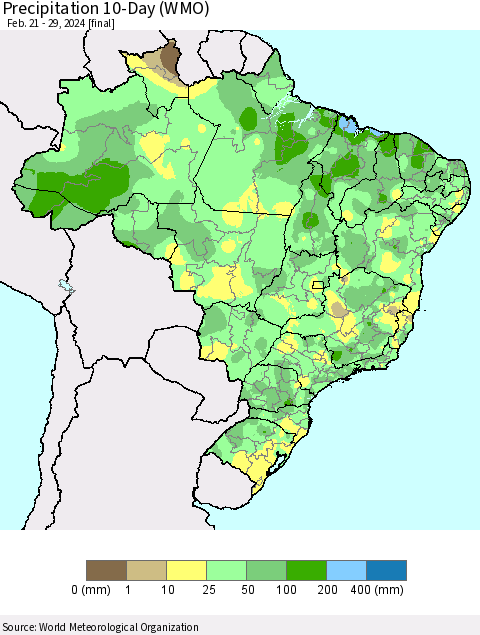 Brazil Precipitation 10-Day (WMO) Thematic Map For 2/21/2024 - 2/29/2024