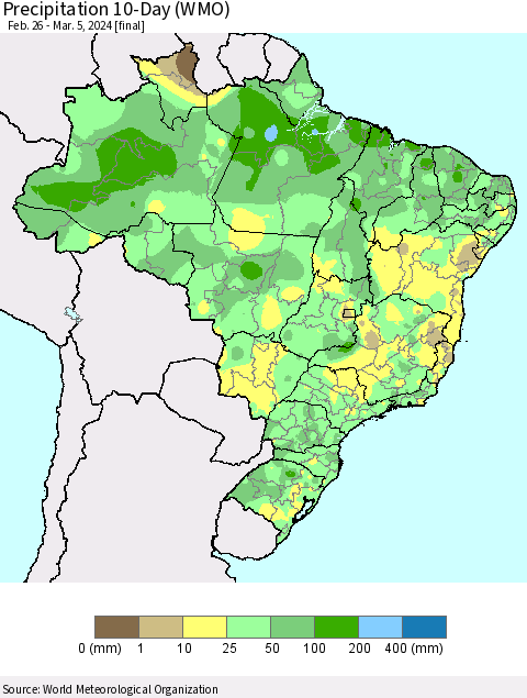 Brazil Precipitation 10-Day (WMO) Thematic Map For 2/26/2024 - 3/5/2024