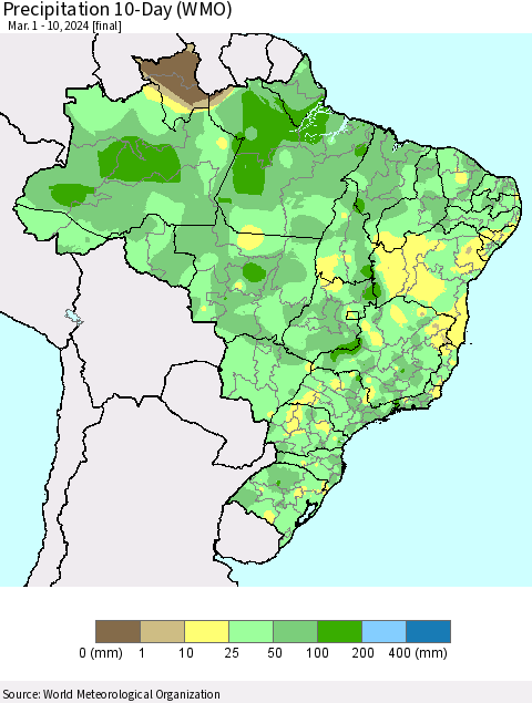 Brazil Precipitation 10-Day (WMO) Thematic Map For 3/1/2024 - 3/10/2024