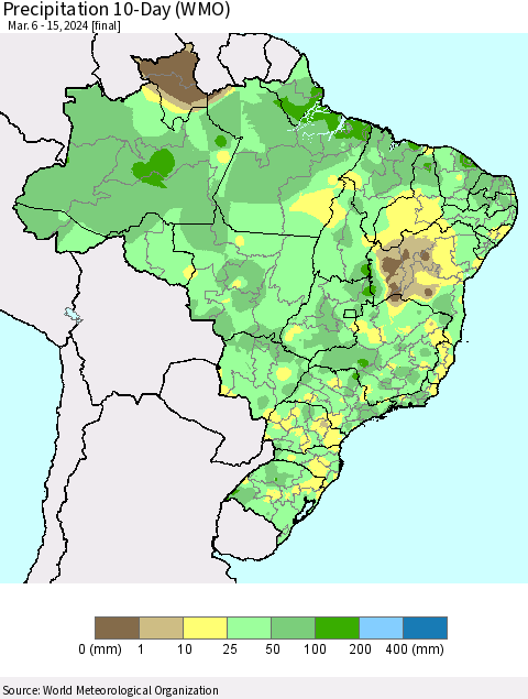 Brazil Precipitation 10-Day (WMO) Thematic Map For 3/6/2024 - 3/15/2024