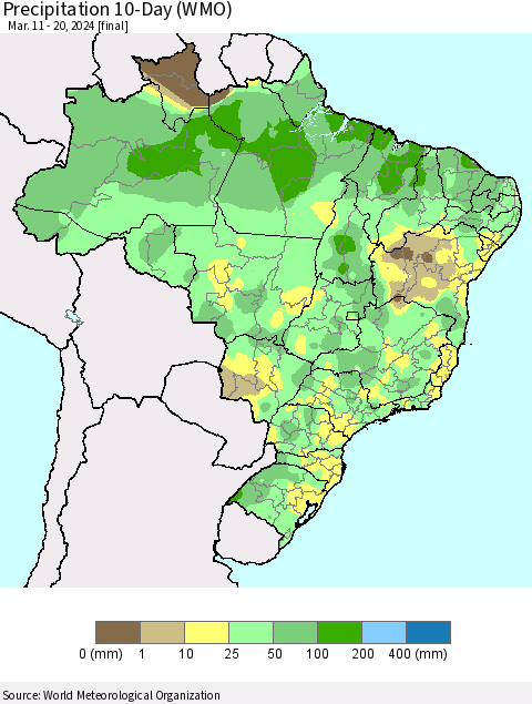 Brazil Precipitation 10-Day (WMO) Thematic Map For 3/11/2024 - 3/20/2024