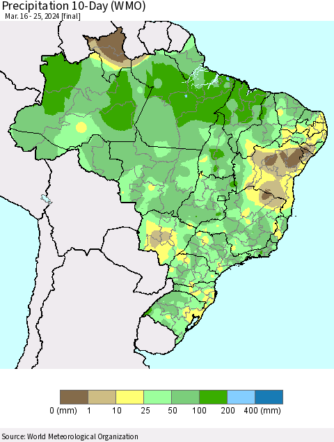 Brazil Precipitation 10-Day (WMO) Thematic Map For 3/16/2024 - 3/25/2024
