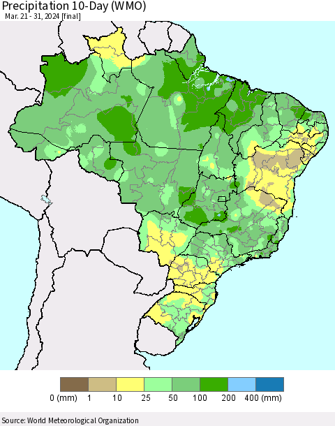 Brazil Precipitation 10-Day (WMO) Thematic Map For 3/21/2024 - 3/31/2024