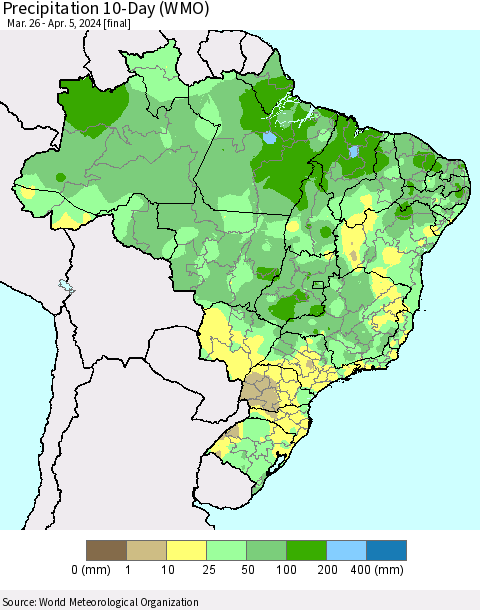 Brazil Precipitation 10-Day (WMO) Thematic Map For 3/26/2024 - 4/5/2024