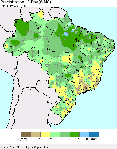 Brazil Precipitation 10-Day (WMO) Thematic Map For 4/1/2024 - 4/10/2024