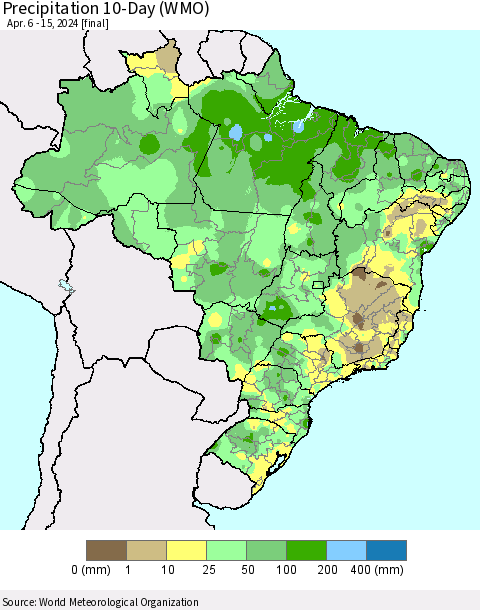 Brazil Precipitation 10-Day (WMO) Thematic Map For 4/6/2024 - 4/15/2024