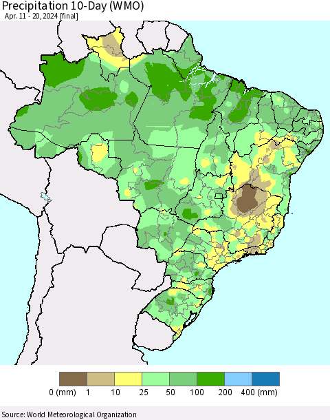 Brazil Precipitation 10-Day (WMO) Thematic Map For 4/11/2024 - 4/20/2024