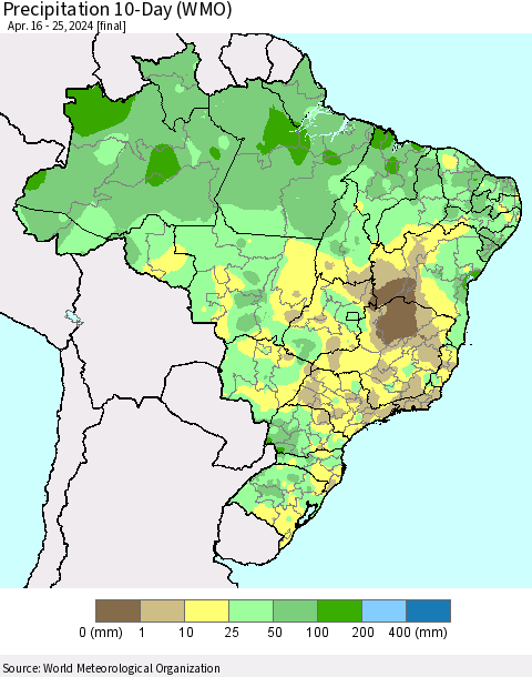 Brazil Precipitation 10-Day (WMO) Thematic Map For 4/16/2024 - 4/25/2024