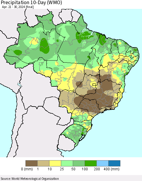 Brazil Precipitation 10-Day (WMO) Thematic Map For 4/21/2024 - 4/30/2024