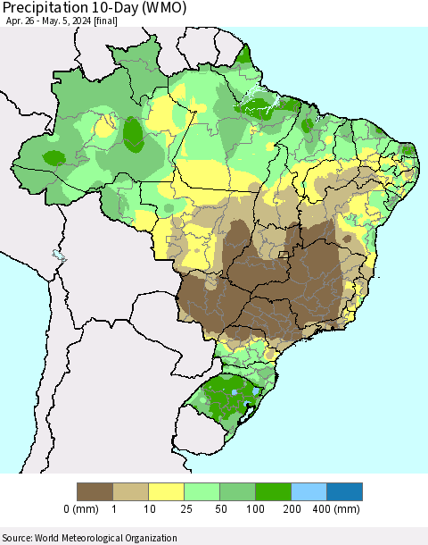 Brazil Precipitation 10-Day (WMO) Thematic Map For 4/26/2024 - 5/5/2024