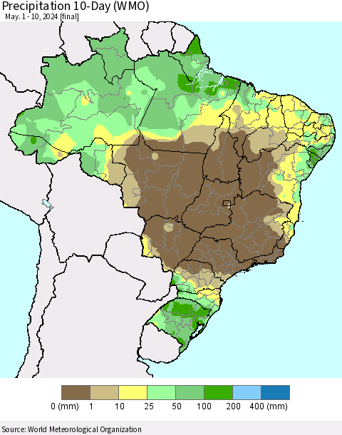 Brazil Precipitation 10-Day (WMO) Thematic Map For 5/1/2024 - 5/10/2024
