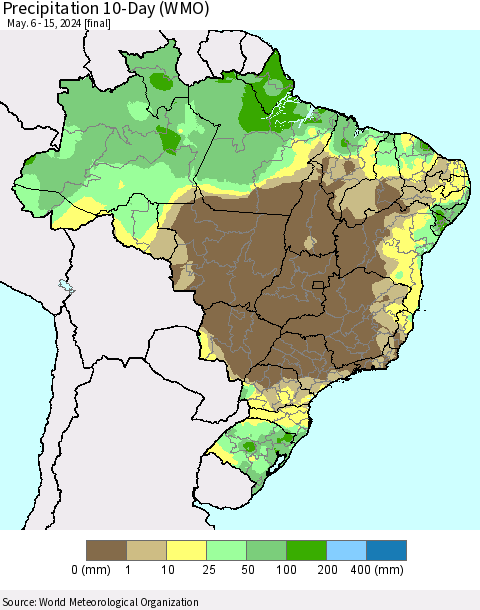 Brazil Precipitation 10-Day (WMO) Thematic Map For 5/6/2024 - 5/15/2024