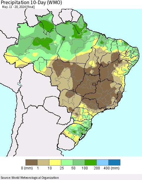 Brazil Precipitation 10-Day (WMO) Thematic Map For 5/11/2024 - 5/20/2024