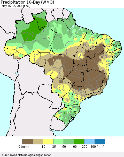 Brazil Precipitation 10-Day (WMO) Thematic Map For 5/16/2024 - 5/25/2024