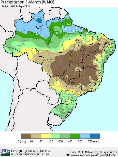 Brazil Precipitation 3-Month (WMO) Thematic Map For 6/6/2021 - 9/5/2021