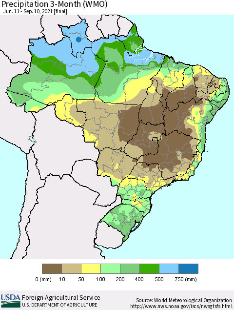 Brazil Precipitation 3-Month (WMO) Thematic Map For 6/11/2021 - 9/10/2021