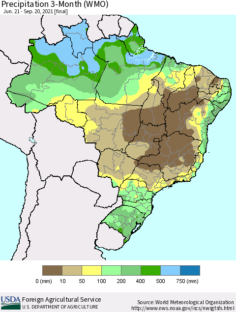 Brazil Precipitation 3-Month (WMO) Thematic Map For 6/21/2021 - 9/20/2021