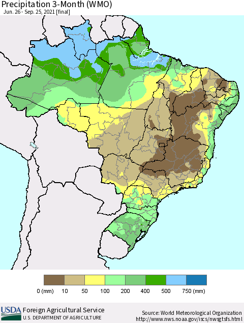 Brazil Precipitation 3-Month (WMO) Thematic Map For 6/26/2021 - 9/25/2021