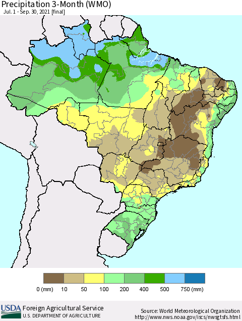 Brazil Precipitation 3-Month (WMO) Thematic Map For 7/1/2021 - 9/30/2021