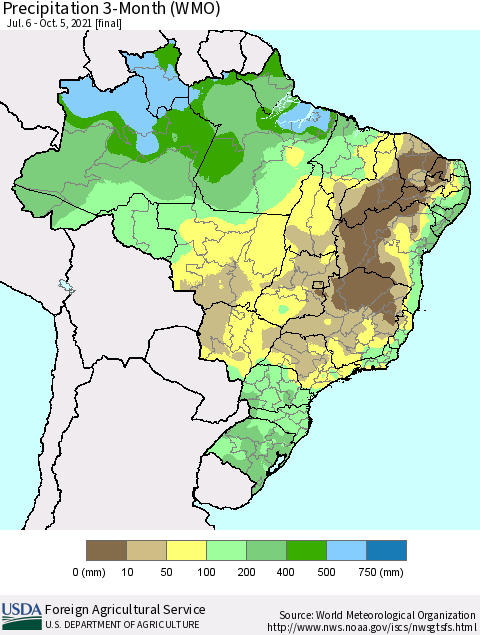 Brazil Precipitation 3-Month (WMO) Thematic Map For 7/6/2021 - 10/5/2021